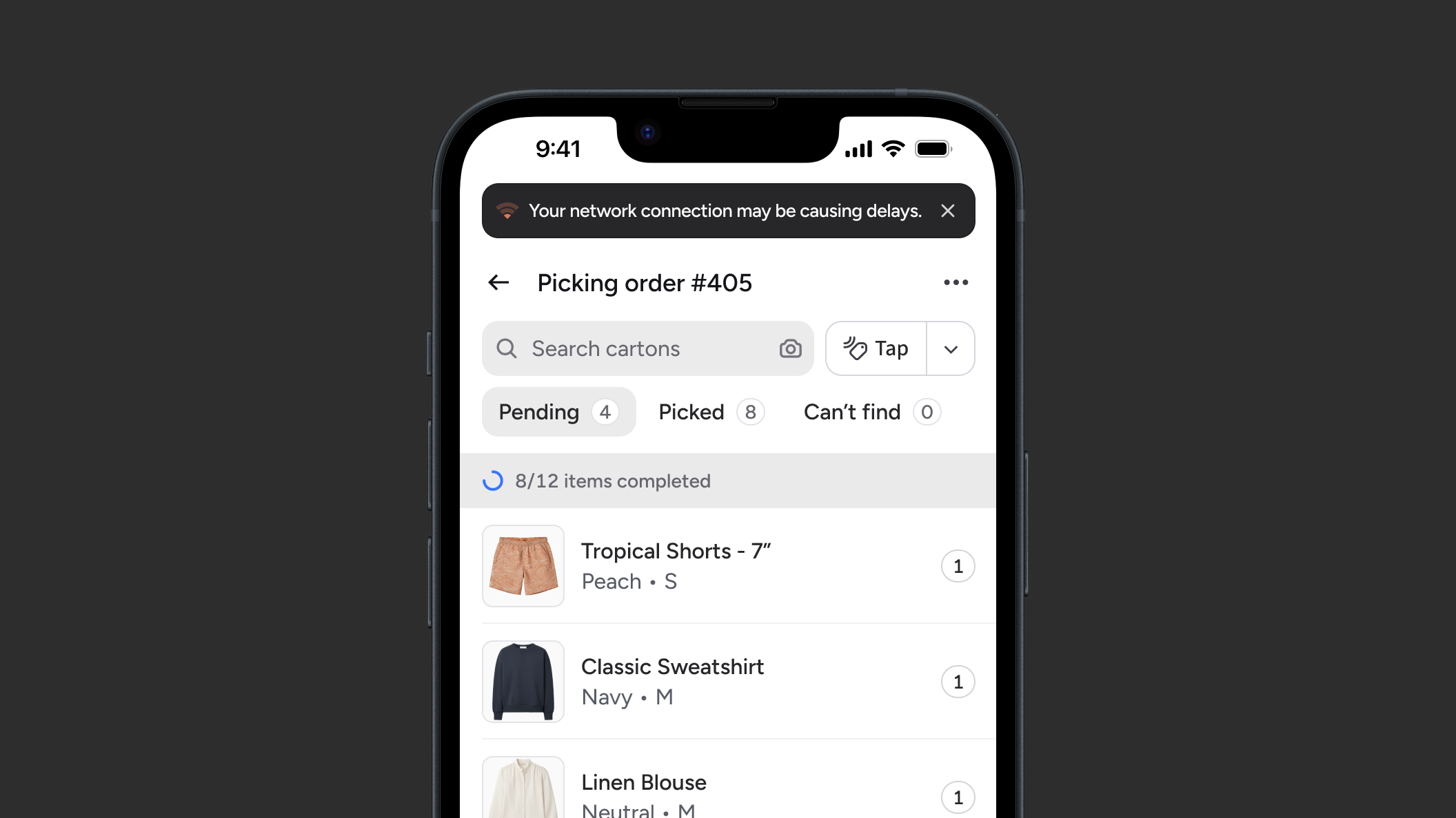 A banner indicating that the network is unreliable that doesn't interrupt the workflow.