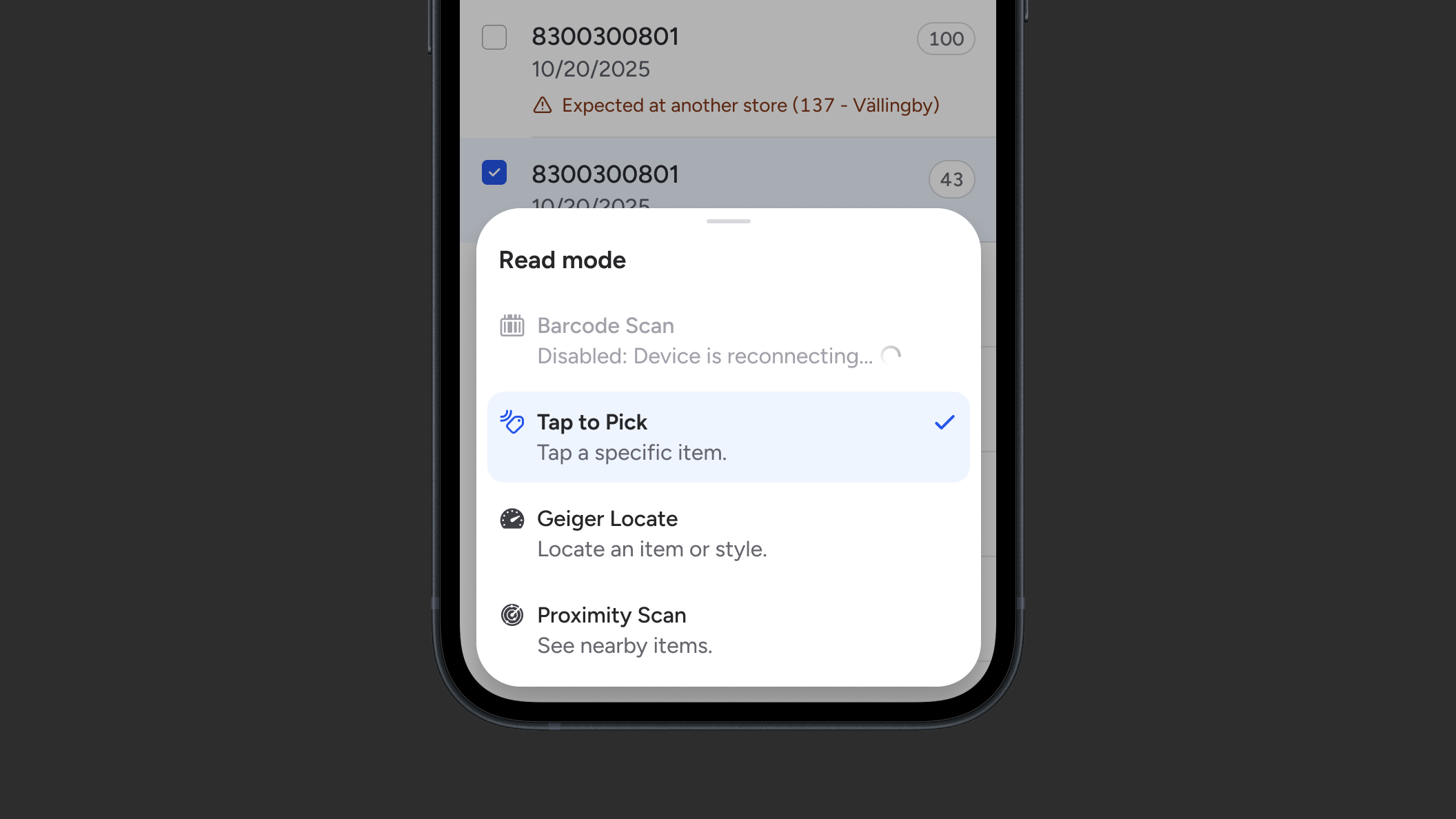 A menu of different read modes where barcode is disabled, but has a hint and indicator showing the device's status.