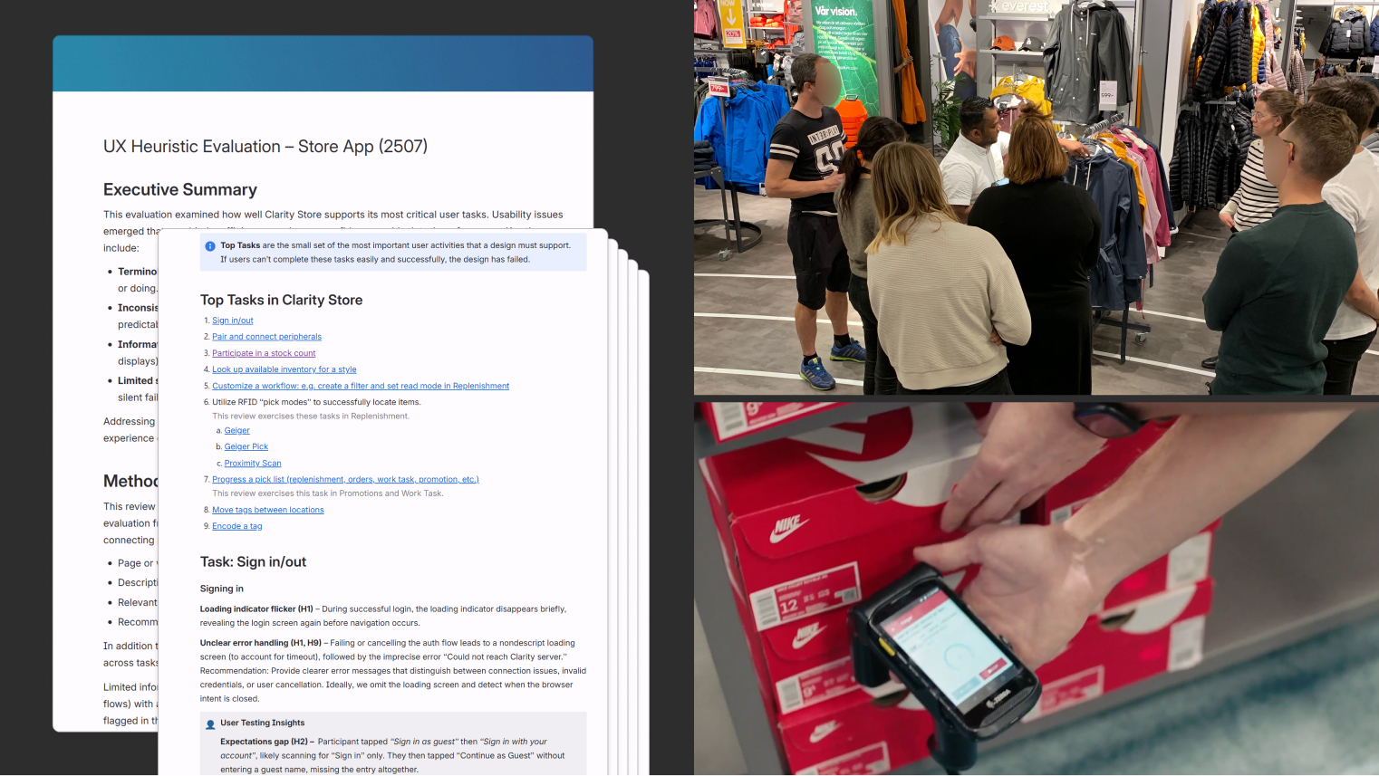 Left: screenshot of heuristic review. Right: on-site visit.