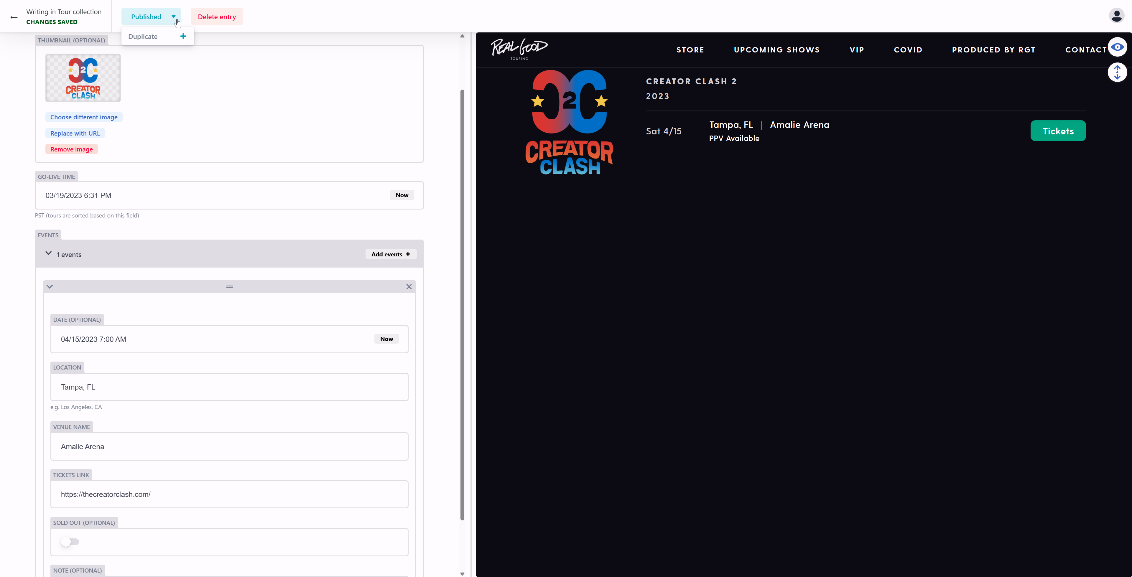 Netlify CMS admin interface showing tour editing fields